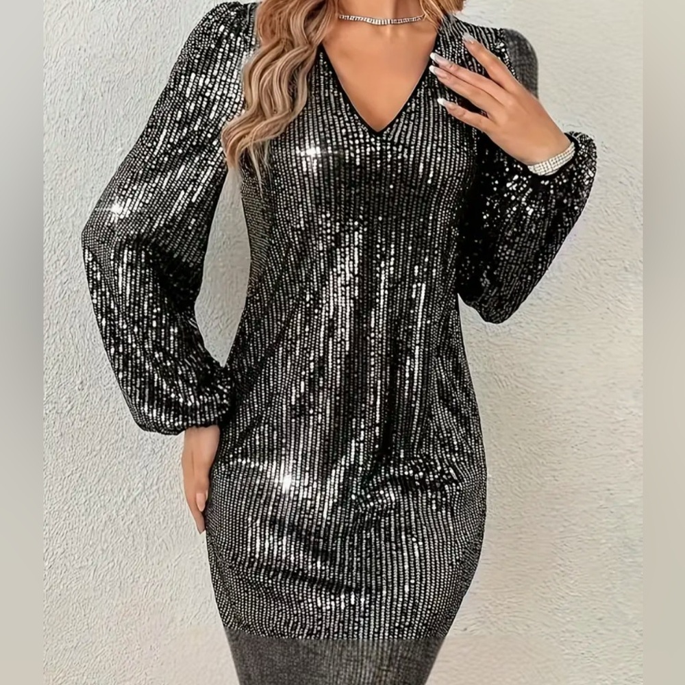 Elegant Women's Shiny
Sequin V-neck Party Dress, Bodycon Lantern Sleeve Dress
